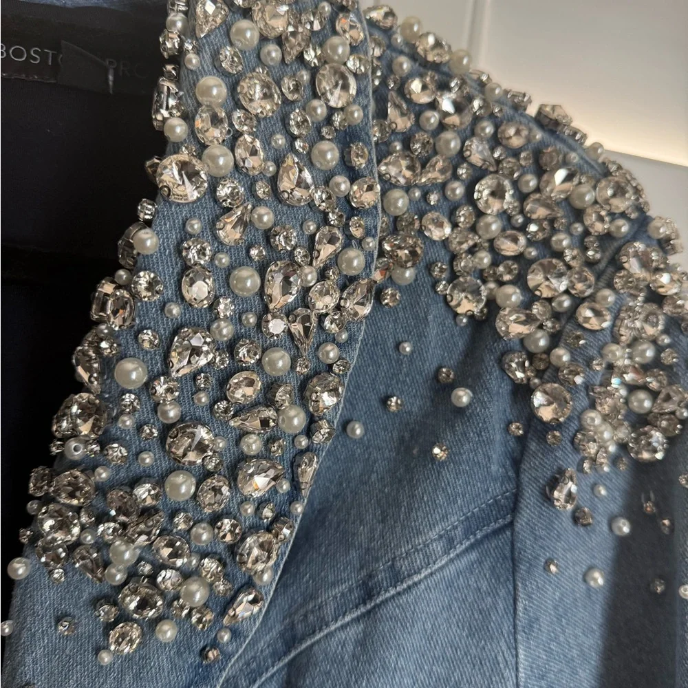 Boston Proper Light Blue Denim Jacket with Pearl & Crystal Embellishment - Picture 4 of 4